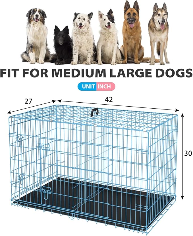 BestPet | Dog Crate | 42" | Blue | Foldable Metal Kennel with Double Doors, Secure Slide-Bolt Latches, Leakproof Tray | Portable Dog Cage for Large Breeds | for Travel, Indoor & Outdoor Use-PawvioPets