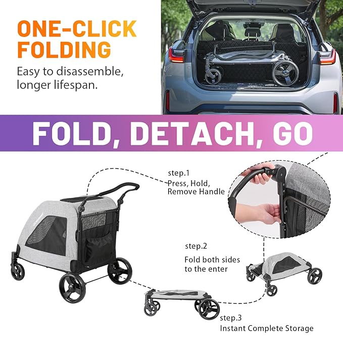 EchoSmile XL Extra Large Dog Stroller - Adjustable Handles,Lightweight Folding Pet Stroller,All-Terrain 4 Wheel for 2 Medium Dogs,Dual Entry Safety Dog Stroller,Capacity 160 lbs,Gray-PawvioPets
