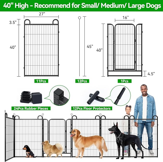 Dog Playpen Outdoor 12 Panels Heavy Duty Dog Fence 40" Height Anti-Rust with Doors Portable for RV Camping Yard, Total 27FT, 58 Sq.ft, Snowy Black-PawvioPets
