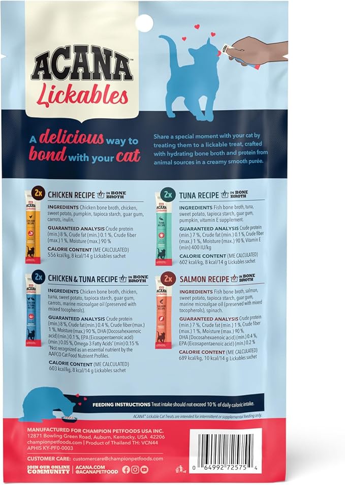 ACANA Lickables Cat Treats Variety Pack: .5oz Tubes (8 Count, 2 of Each)-PawvioPets