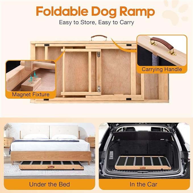 Dog Ramp for Bed - Extra Wide - Excellent Traction, Pet Ramp for Small Large Dogs to Get on Couch Car, Non-Slip Rubber Surface, 17’’W, Hold up to 200lb, Adjustable, Foldable (200LBS)-PawvioPets