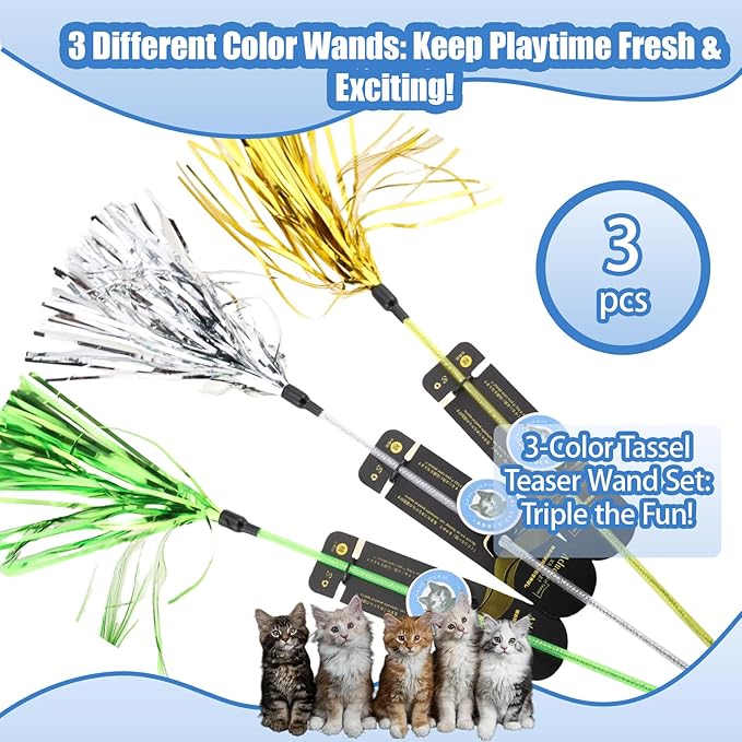 ADUCK Interactive Cat Teaser Wand Toy with Tassels - Durable Cat Chaser for Indoor Kitten Exercise, Boredom Relief & Training Play, Pack of 3 (Gold, Silver, Green)-PawvioPets