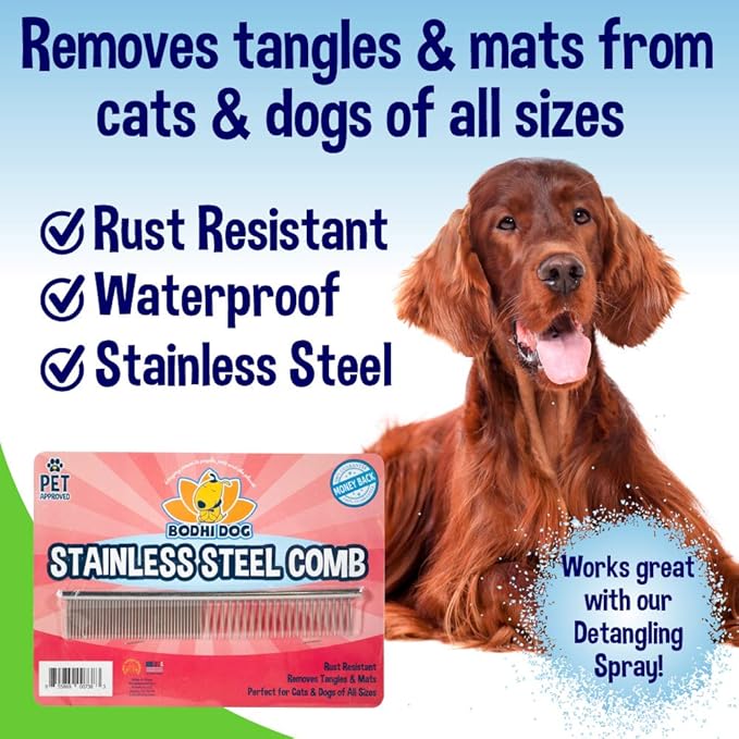 Bodhi Dog Stainless Steel Comb & Shampoo Brush - Bath & Shower Supplies for Dogs & Cats - Removes Shedding, Mats & Tangles - Pet Grooming Scrubber Bundle (Blue)-PawvioPets