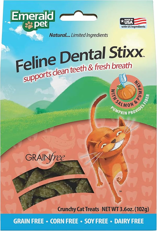 Emerald Pet Feline Dental Stixx — Tasty and Crunchy Cat Dental Sticks with Pumpkin for Digestive Health — Natural Grain Free Dental Treats for Clean Cat Teeth and Fresh Breath — Salmon Stixx, 3.6 oz-PawvioPets