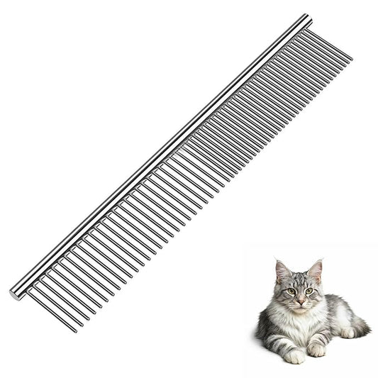 Dog Comb and Cat Combs Stainless Steel Teeth, Grooming Tool for Long & Short Hair, Dematting Comb for Dogs, Removes Tangles & Knots (Large Silver)-PawvioPets
