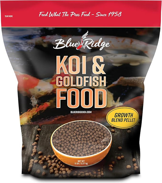 Blue Ridge Koi Fish Food 5lb - Koi Food 3/16” Large and Mini Blend Growth Formula, Goldfish Food, Premium Fish Food for Ponds, Ponds Fish Food, Floating Pond Pellets-PawvioPets