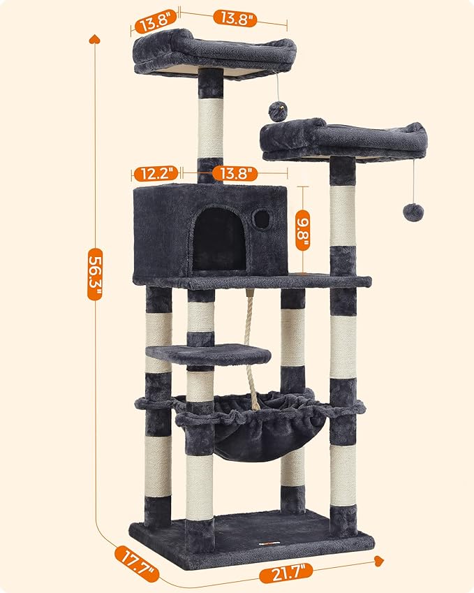 FEANDREA Cat Tree, Cat Tower for Indoor Cats, 56.3-Inch Cat Condo with Scratching Posts, Hammock, Plush Perch, Smoky Gray UPCT15GYZ-PawvioPets