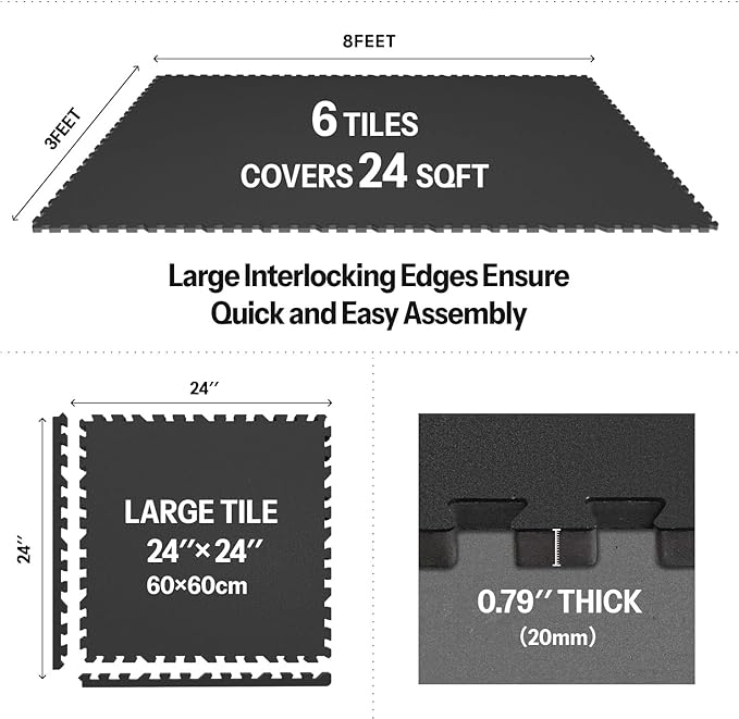 AIRHOP 0.79in Thick 24 Sq Ft Exercise Equipment Mats, 6 Tiles Upgraded Rubber Top with High Density EVA Foam, Large Interlocking Puzzle Gym Flooring for Home Gym, Heavy Weight Workout,Black-PawvioPets
