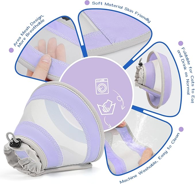Breathable Air Mesh Cat Cone Collar Soft to Stop Licking, Adjustable, Foldable Lightweight Kitten Cones After Surgery Recovery for Cats & Kittens (Light Purple, S)-PawvioPets