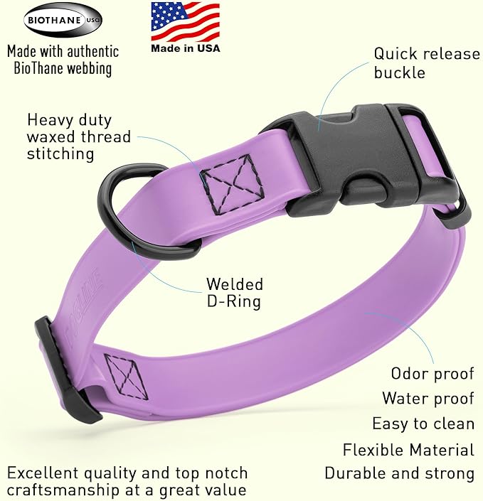 Dogline Biothane Waterproof Dog Collar with Quick Release Buckle Strong Coated Nylon Webbing with Odor- Proof for Easy Care Easy to Clean Fits Small Medium Large Dogs, Amethyst Purple 1" W 15-23" L-PawvioPets