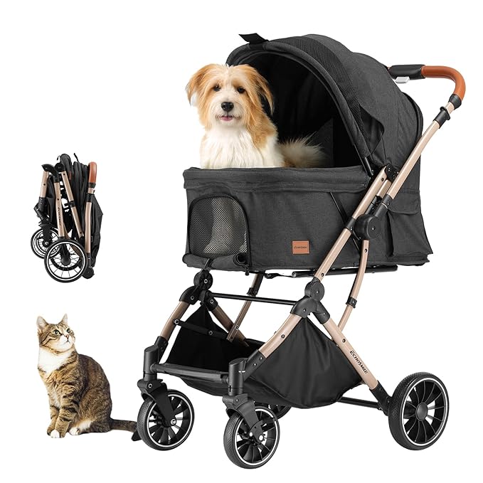EchoSmile Small Medium Dogs Stroller 4-Wheel Pet Strollers for Medium Dogs Up to 50lbs, One Click Folding Large Cat Stroller, Reversible Handle, Shock Absorbing Wheels, Removable Washable Pad-PawvioPets