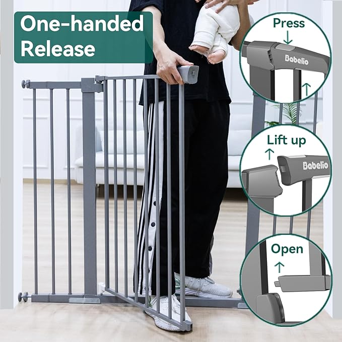 BABELIO 36 Inch Tall Metal Baby Gate, 29-48" Auto Close Pressure Mounted Dog Gate, Gray-PawvioPets