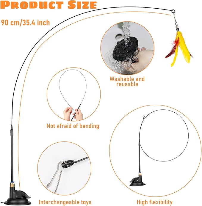 Cat Feather Toys, 10PCS Toys with Super Suction Cup, 2PCS Detachable Wand & 6PCS Replacement Teaser Refills, Interactive Indoor Cat Play-PawvioPets