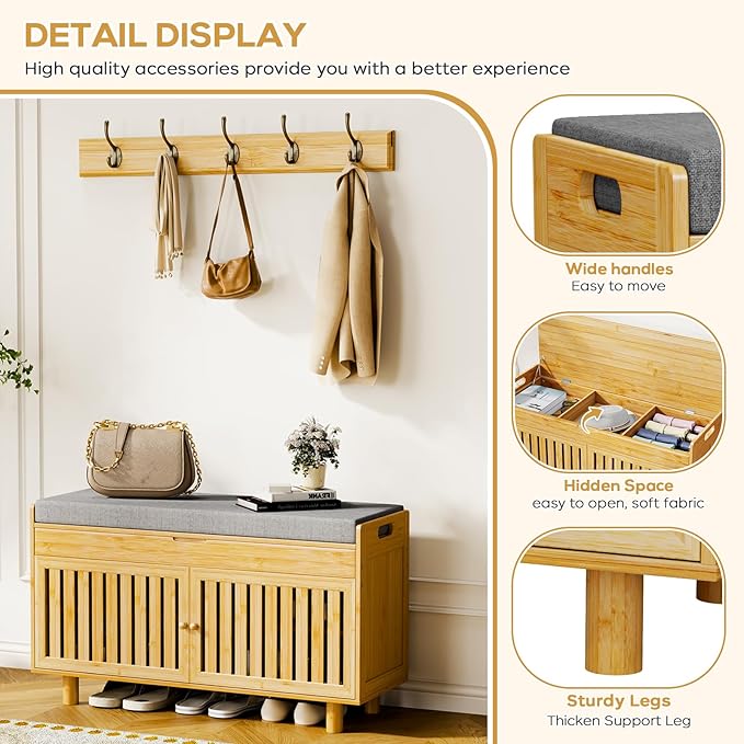 Coat Rack Shoe Bench Set, Bamboo Shoe Storage Bench with Seat Cushion & 5 Hooks, Hall Tree Entryway Bench with Lift Top Hidden Storage, 35.4" W x 12.6" D x 19.7" H, for Entryway, Living Room, Bedroom-PawvioPets