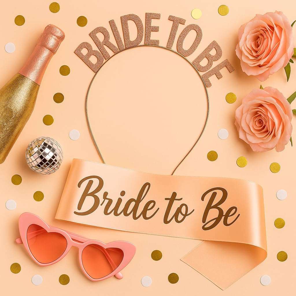 KatchOn, Rose Gold Bride to be Sash and Headband - Pack of 2 | Bride Sash and Tiara for Bachelorette Party Decorations | bride To Be sash and Crown | Bridal Shower Decorations