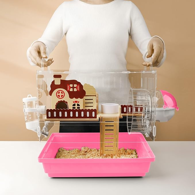 8 in 1 Clear Acrylic Hamster Cage with All Accessories,13.5''L* 10''W* 13''H Dwarf Hamster Cage,Small Hamster Habitat,Garden Style Mouse Cage for Pet Mice,Hamster Enclosure(1-Layer,Pink)-PawvioPets