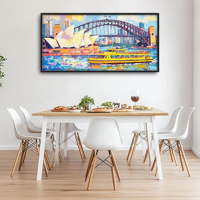 Extra Large Sydney Opera House Framed Wall Art for Living Room,Oversized Abstract Harbour Bridge Cityscape Pictures Wall Decor,Canvas Print Painting Modern Artwork Bedroom Office Bathroom 60L" x 30W"-PawvioPets