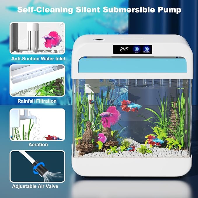 Fish Tank Aquarium 2.2 Gallon with 7 Color Auto-Looping Light, Fish Bowl with Humidifier 3 in 1 Pump - Filteration & Oxygenation & Circulation, Temperature Display, HD Float Glass, Thickened Base-PawvioPets