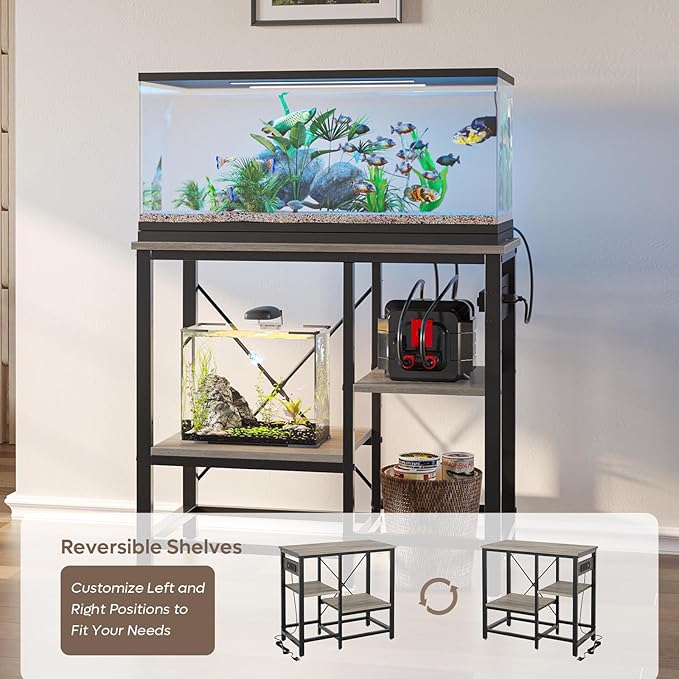 20-29 Gallon Fish Tank Stand with Power Outlets, 30.7 x 13.8 Metal Aquarium Stand with 3-Tiers Adjustable Storage Shelves, 6-Legs Reptile Terrarium Stand, 400 LBs-PawvioPets