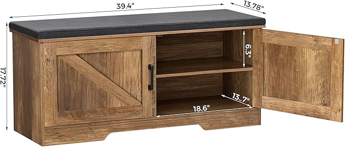 2-Tier Storage Bench, Shoe Bench with Padded Seat Cushion, Entryway Bench with 2 Barn Doors, Adjustable Shelf, 13.8" D x 39.4" W x 17.7" H, for Entryway, Living Room, Bedroom, Rustic Walnut-PawvioPets