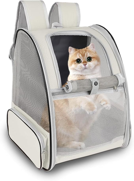 Cat Backpack Carrier,Pet Carrier Airline Approved for Small Dog Cat Puppy Kitten Bunny,Ventilated Mesh Design Animal Backpack for Hiking Camping Travel Bag (Creamy White)-PawvioPets