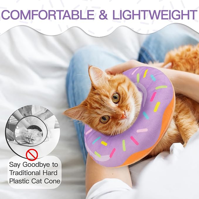 Cat Cone Collar Soft, Cute Cat Donut Collar After Surgery, Adjustable Kitten Recovery Cones to Stop Licking, Lightweight Neck Elizabethan Collars for Cats Kittens (Purple, Large)-PawvioPets