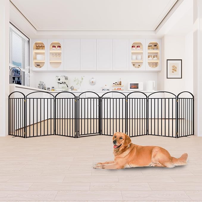 8 Panles Full Matel Freestanding Dog Gates with Door, 192"Extra Wide 36"Tall Free Standing Dog Pet Gate for Indoor & Outdoor. Foldable Pet Fences for Doorways, House, Stairs, Porch, Deck, Yard-PawvioPets