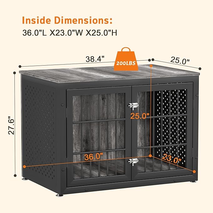 38" Heavy Duty Dog Crate Furniture for Large and Medium Dogs,Wooden Metal Kennel for High Anxiety Dogs, Chew Proof Cage Indoor, Decorative Kennel End Table-PawvioPets