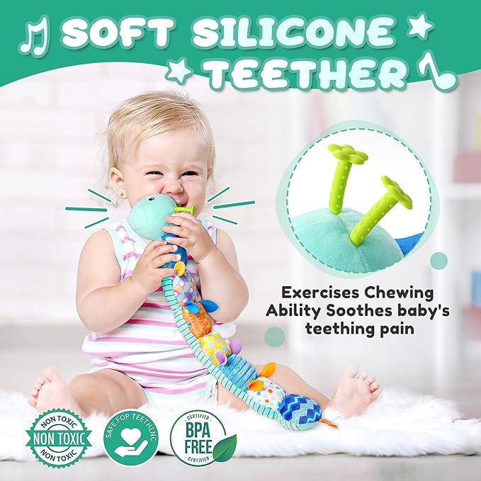 Baby Toys 0 to 12 Months, Musical Stuffed Animal Activity Soft Toy with Multi-Sensory Crinkle, Rattle and Textures, Infant Tummy Time Toys for Newborn Boys Girls, Caterpillar, Blue-PawvioPets