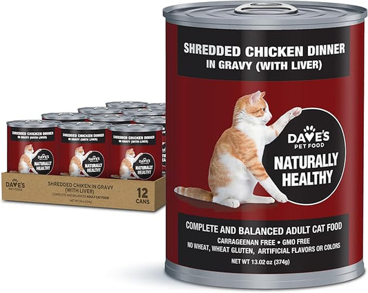 Dave's Pet Food Grain Free Wet Cat Food (Shredded Chicken in Gravy), Made in Canada Naturally Healthy Canned Cat Food, 13.2 oz (12 Pack)-PawvioPets