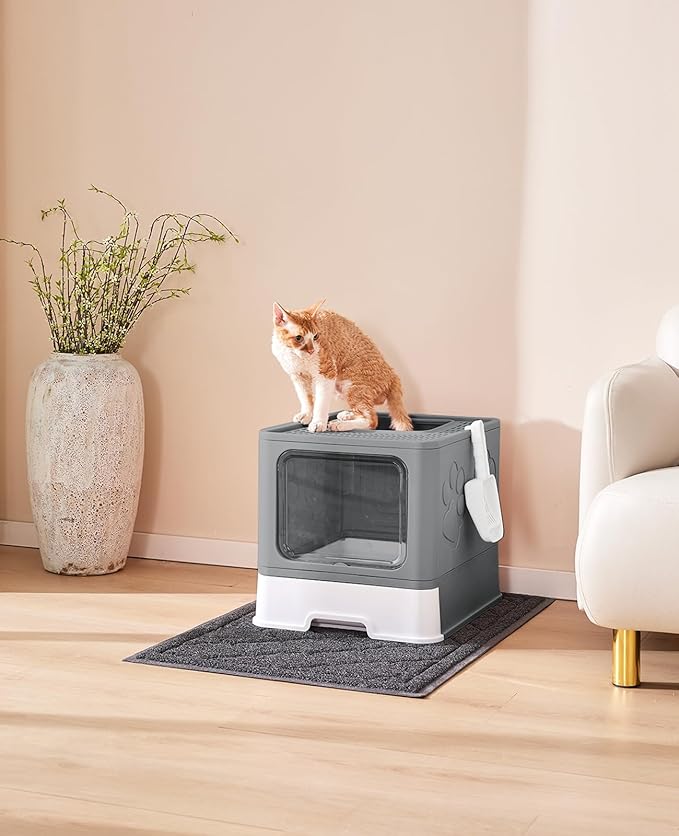 Cat Litter Box with X-Large Litter Mat and Scoop, Large Foldable Litter Box with Lid, Enclosed Kitty Box,Front Top Entry Exit, Odor Control Easy to Clean (Upgrade Dark Grey)-PawvioPets