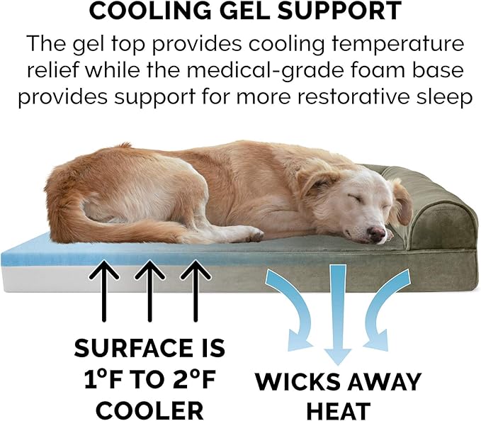 Furhaven Cooling Gel Dog Bed for Medium/Small Dogs w/ Removable Bolsters & Washable Cover, For Dogs Up to 35 lbs - Faux Fur & Velvet Sofa - Dark Sage, Medium-PawvioPets