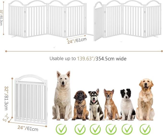 BHG Metal No-Assembly Freestanding Dog Gate with Door Walk Through, Extra Wide 96", Extra Tall 32" Pet Gate, Accordion Puppy Folding Playpen Dog Fence, with 2PCS Support (White, 8 Panels)-PawvioPets