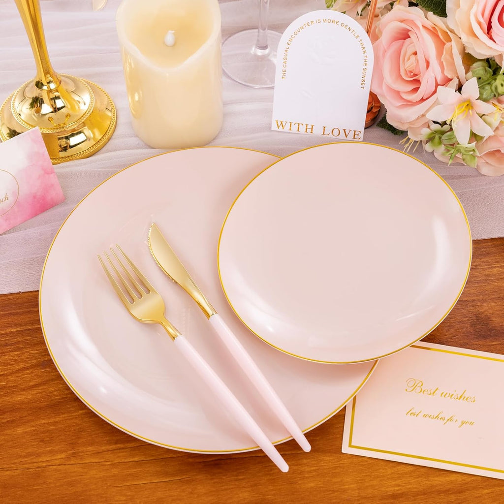 Liacere 150PCS Plastic Plates-Gold Plastic Silverware with Pink Handle - Pink Disposable Plates Include 30 Guests Plates, Forks, Spoons, Knives for Wedding ＆ Easter Day ＆Mother's Day