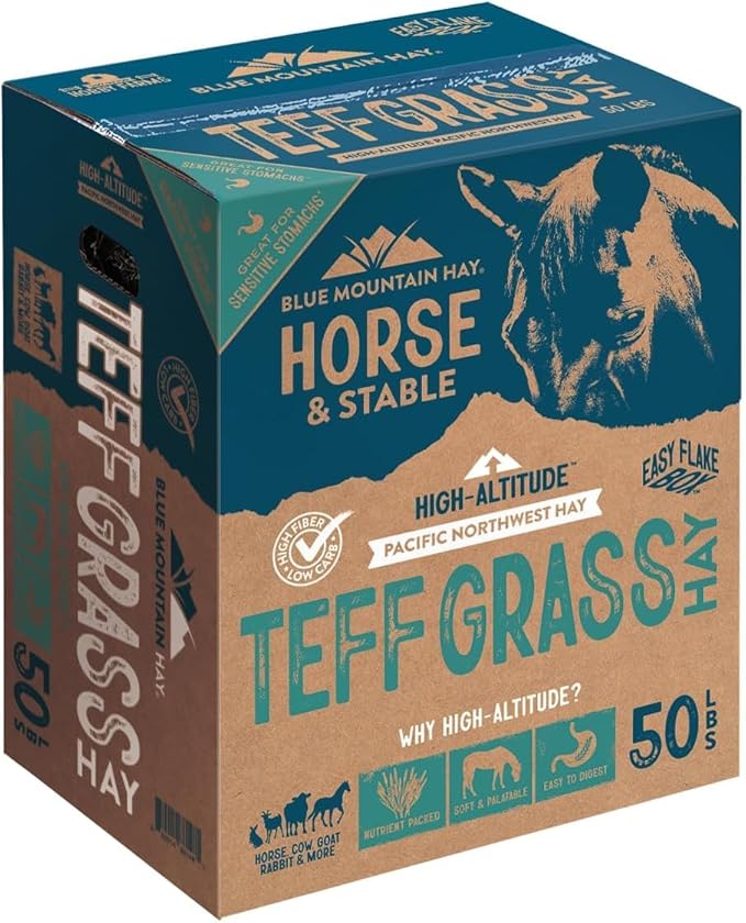 Blue Mountain Hay High-Altitude Teff Grass Hay, 50lb Easy Flake Box - Low NSC & High Fiber for Easy Digestion and Weight Management - Ideal for Horses, Goats, Rabbits, Guinea Pigs & Other Small Pets-PawvioPets