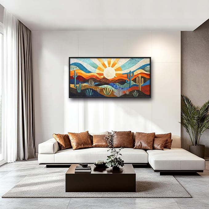 Extra Large Framed Abstract Boho Desert Wall Art, Sun Cactus Landscape Wall Decor Pictures for Living Room,Cacti Canvas Print Painting Modern Artwork Bedroom Office Bathroom Home Decor 60L x 30W-PawvioPets