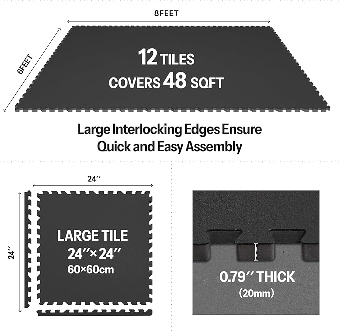 AIRHOP 0.79in Thick 48 Sq Ft Exercise Equipment Mats, 12 Tiles Upgraded Rubber Top with High Density EVA Foam, Large Interlocking Puzzle Gym Flooring for Home Gym, Heavy Weight Workout,Black-PawvioPets