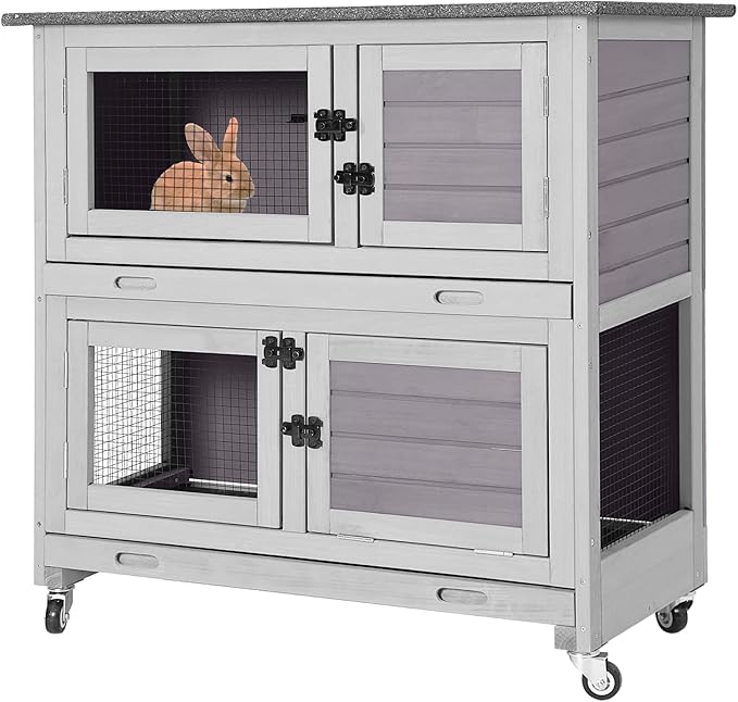 2 Story Rabbit Hutch Indoor Outdoor Rabbit Bunny House Guinea Pig Cage Wooden Pet House for Small Animals with 2 Large Rooms, Chewproof Ramp, Ventilation Door, Removable Trays (Grey)-PawvioPets