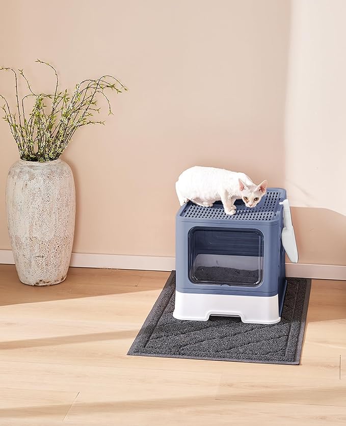 Cat Litter Box with X-Large Litter Mat and Scoop, Large Foldable Litter Box with Lid, Enclosed Kitty Box,Front Top Entry Exit, Odor Control Easy to Clean (Upgrade Midnight)-PawvioPets