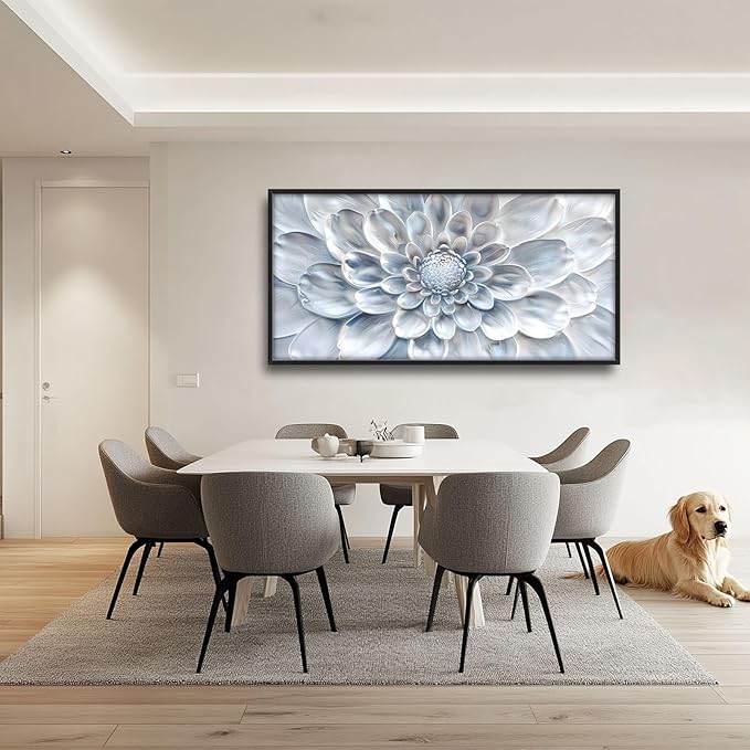 Abstract Flower Large Wall Art White Silver Floral Pictures Wall Decor Neutral Canvas Print Painting Artwork for Bathroom Living Room Bedroom 60L" x 30W"-PawvioPets