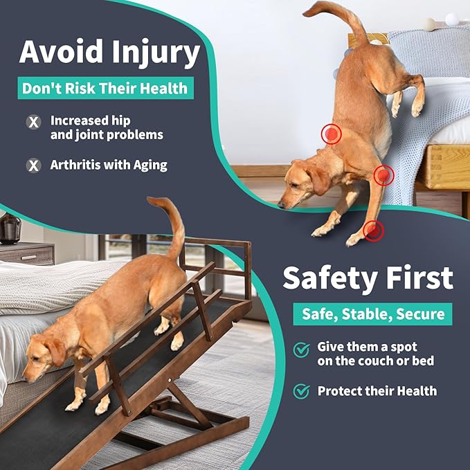 Dog Ramp, 5 Level Adjustable Height Folding Pet Ramp for High Bed, Portable Paw Ramps Large Bed Ramp for Medium & Large Old Dogs & Cats - Natural Wood Furniture Quality-PawvioPets