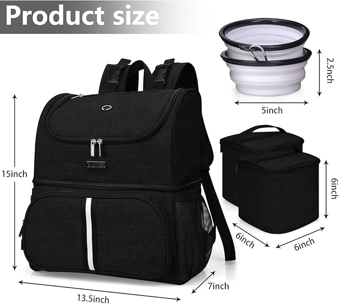 BAGLHER Pet Travel Bag, Double-Layer Pet Supplies Backpack (for All Pet Travel Supplies), Pet Travel Backpack with 2 Silicone Collapsible Bowls and 2 Food Baskets Black-PawvioPets