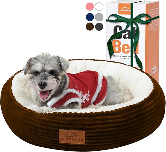 23in Round Cat Dog Bed for Large Medium Small Dogs Cats, Machine Washable Sleeping Sofa, Non-Slip Bottom Breathable Soft Calming Pet Cuddler for Indoor/Outdoor/Car/Cage, Brown-PawvioPets