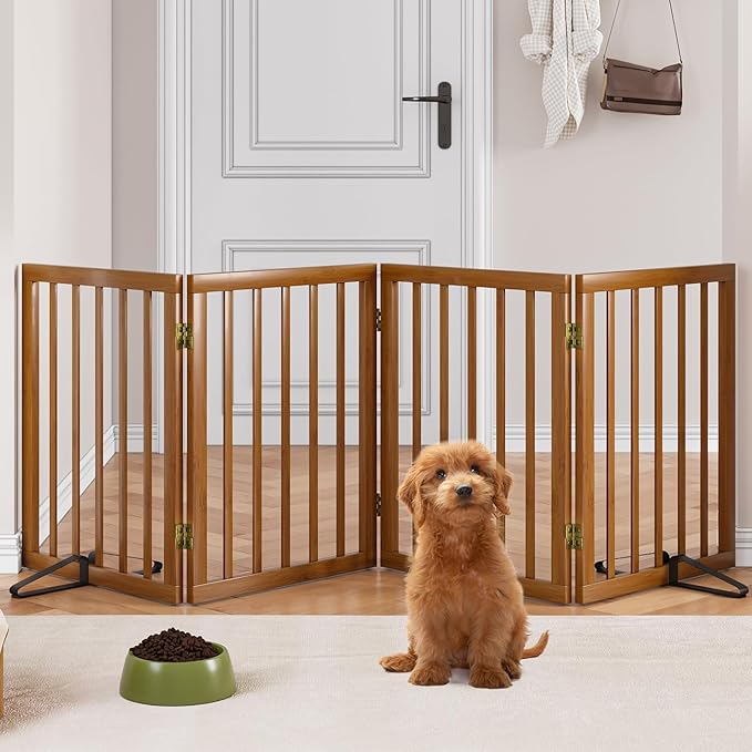 Freestanding Pet Gate Foldable 4 Panel Dog Gate Walnut Dog Gates for Stair Doorways House Indoor (2 Support Feet Included)-PawvioPets