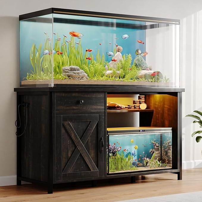 4ever2buy 55 Gallon Fish Tank Stand with LED Light & Power Outlets, 55-75 Gallon Aquarium Stand with Drawer & Barn Door, Cabinet for Fish Tank Accessories Storage for Reptile Tank, Turtle Tank, Oak-PawvioPets