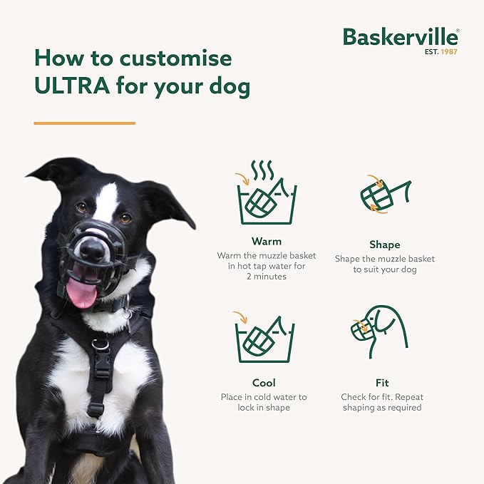 BASKERVILLE ULTRA MUZZLE - Patented Humane Design, Breathable, Dog can Pant and Drink, Adjustable, Padded, Dog Training Muzzle for Large Dogs, Prevents Biting, Wildlife Scavenging (Size 6, Black)-PawvioPets