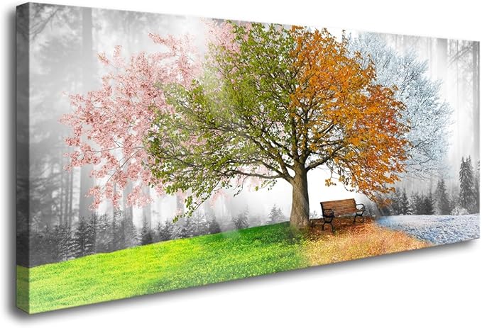 Canvas Prints Wall Art Decor Large Four Seasons Tree Picture 1 Panel Spring Summer Autumn Winter Tree Painting Artwork for Dining Room Kitchen Home Decor Stretched and Framed Ready to Hang-PawvioPets