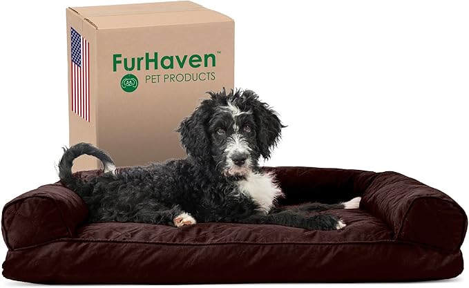 Furhaven Pillow Dog Bed for Large/Medium Dogs w/ Removable Bolsters & Washable Cover - Quilted Sofa - Coffee, Large-PawvioPets
