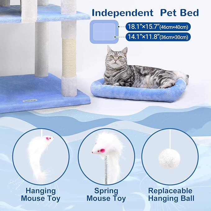 Globlazer Heavy Duty Cat Trees for Large Cats, Sturdy 72in Maine Coon Cat Tree for Large Cats 20 lbs+ Heavy Duty Cat Tower for Adult Biggest Cat with 6 Scratching Posts, Hammock, S72, Ocean Blue-PawvioPets