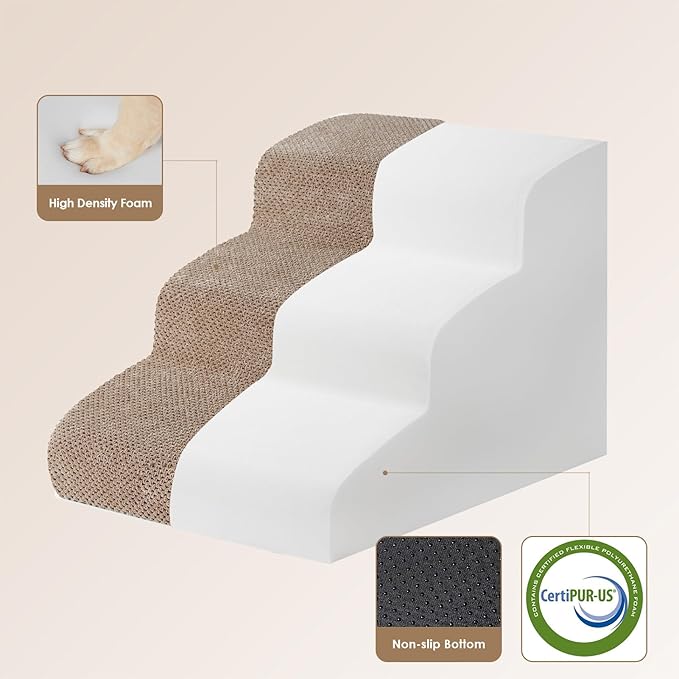 EHEYCIGA Curved Dog Stairs Ramp for Small Dogs 15.7" H, 3-Step Dog Steps for Couch Sofa and Chair, Pet Stairs for Cats, Non-Slip Balanced Pet Steps Indoor, Camel-PawvioPets